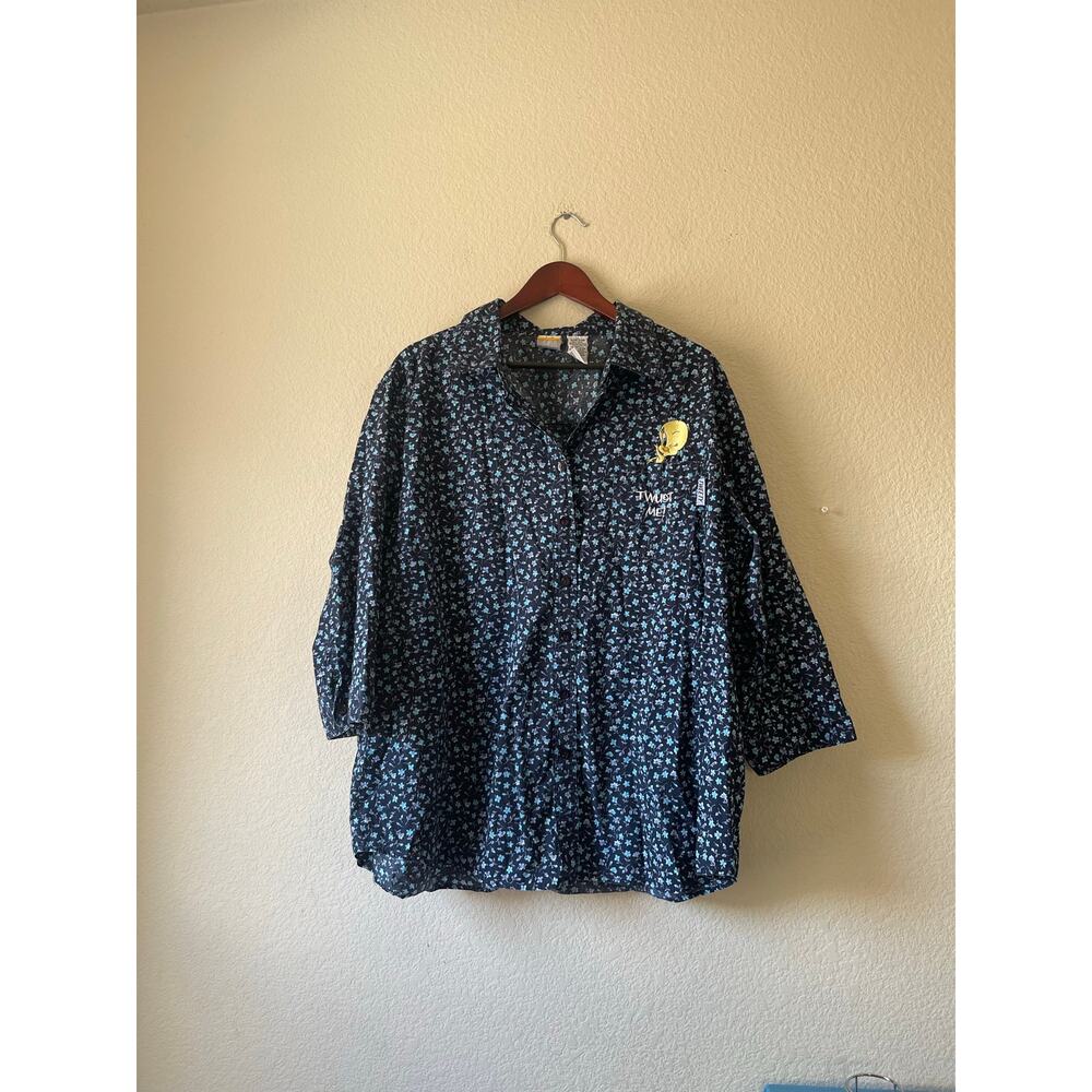 Vintage floral looney tunes embroidered tweedy button up blouse 22w